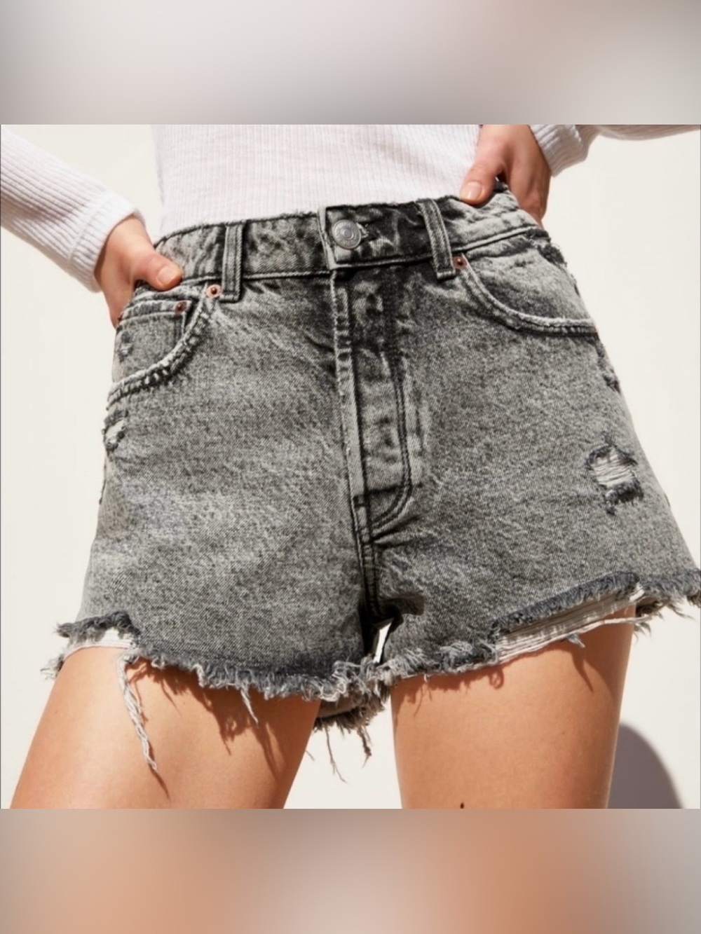 ZARA High Rise Denim Cutoff Distressed BlkGray Sz 4 Frayed Hem Y2K Grunge Cotton